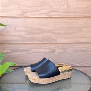 Donna Karan leather Black and Tan Mules with Cork Wedge size 8